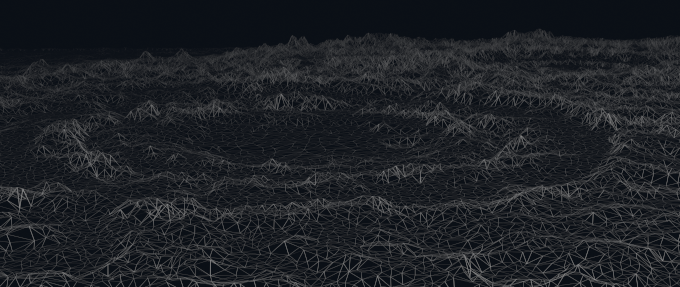 Wireframe of a terrain mesh showing the Schrödinger crater on the moon